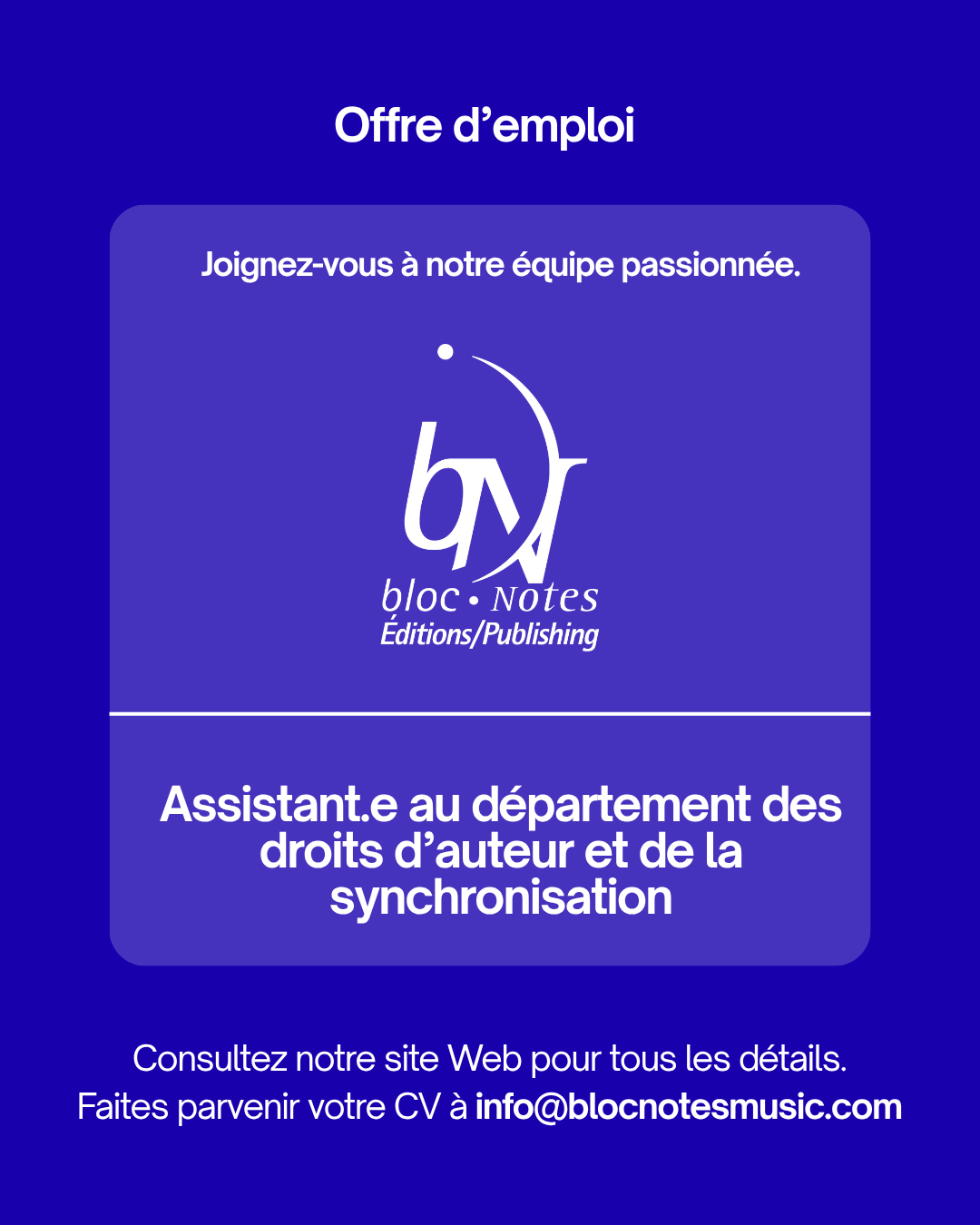 Offre d'assistant au département des droits d'auteur et de la synchronisation Offre d'assistant au département des droits d'auteur et de la synchronisation